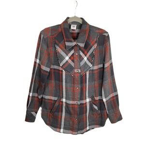 Cabi Tavern Shirt Shacket Small Plaid Frayed Trim Button Front Pockets